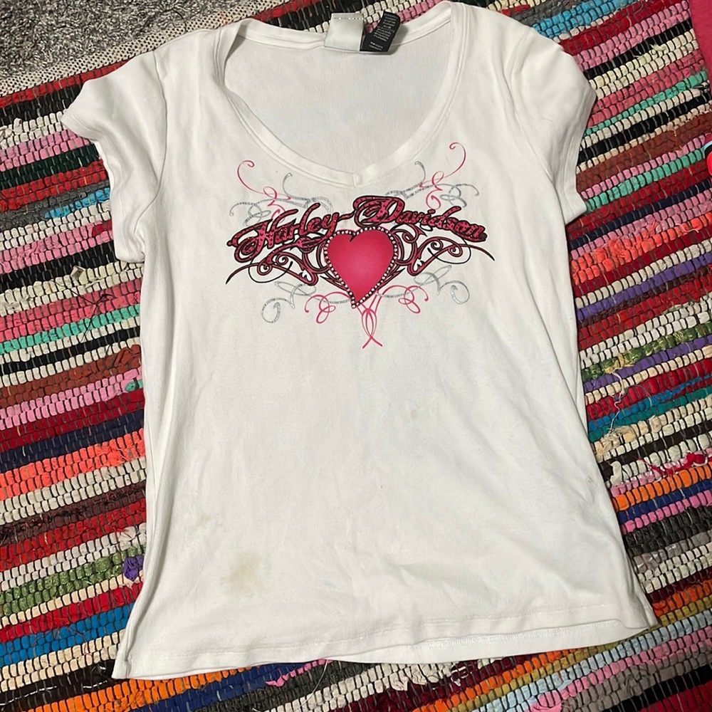 White shirt with pink Harley Davison lettering and bejeweled